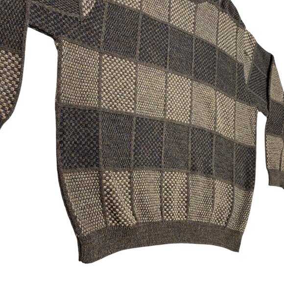 David Taylor Mens XXL Brown Pullover Sweater Knitted Checkerboard Crew Neck 90s - Picture 11 of 16